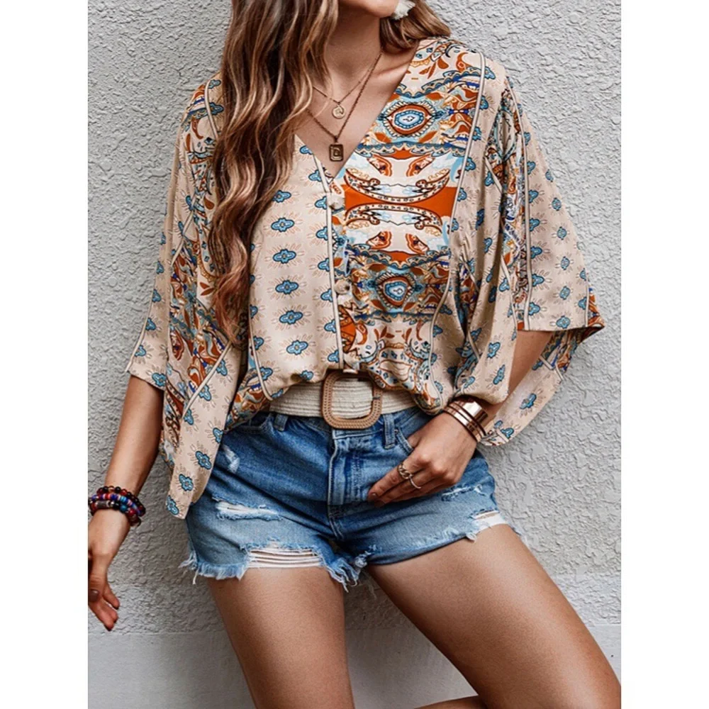 🍑 BOHO APRICOT MULTI ABSTRACT PRINT LOOSE FIT TOP! - Picture 4 of 7